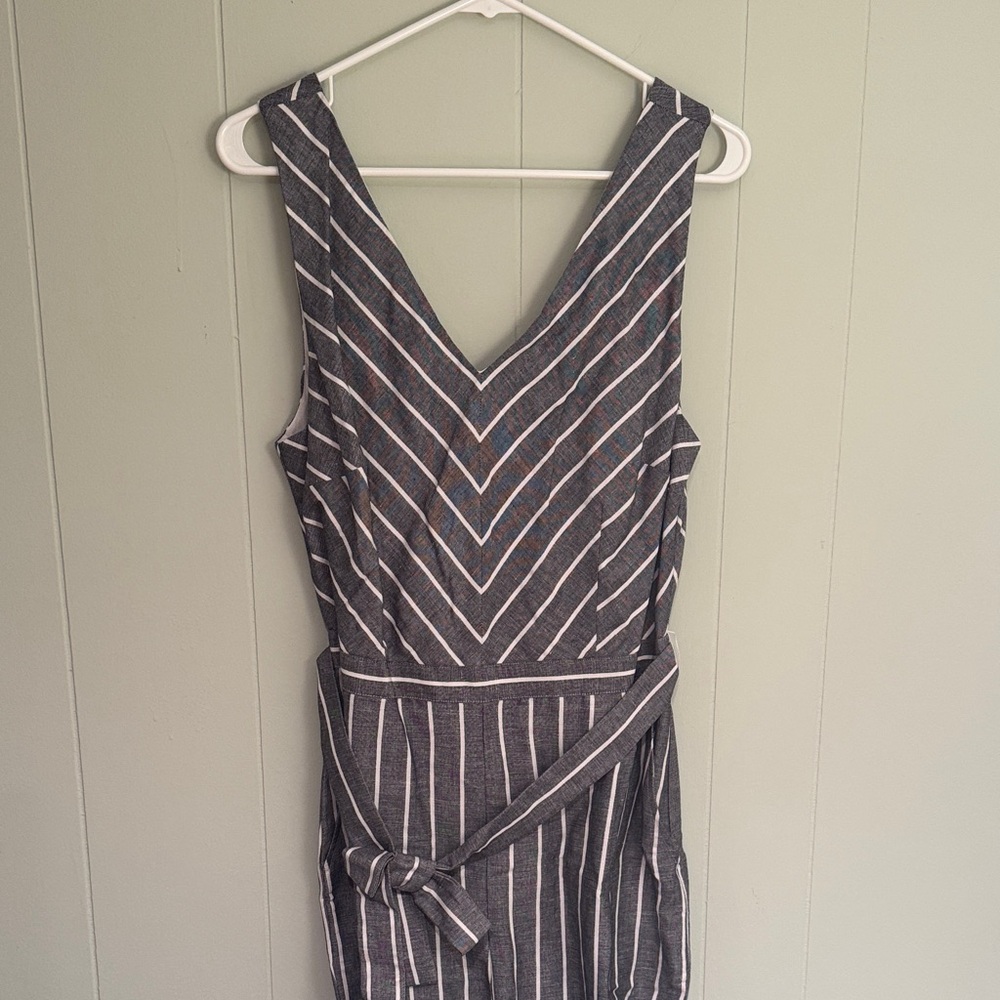 LOFT Charcoal and White Striped Sleeve V Jumpsuit - Picture 2 of 6